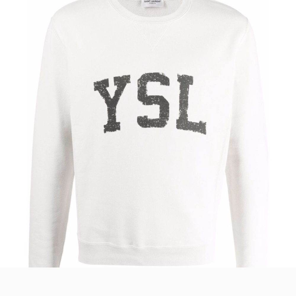Yves Saint Laurent White Crewneck Sweater with Black Logo